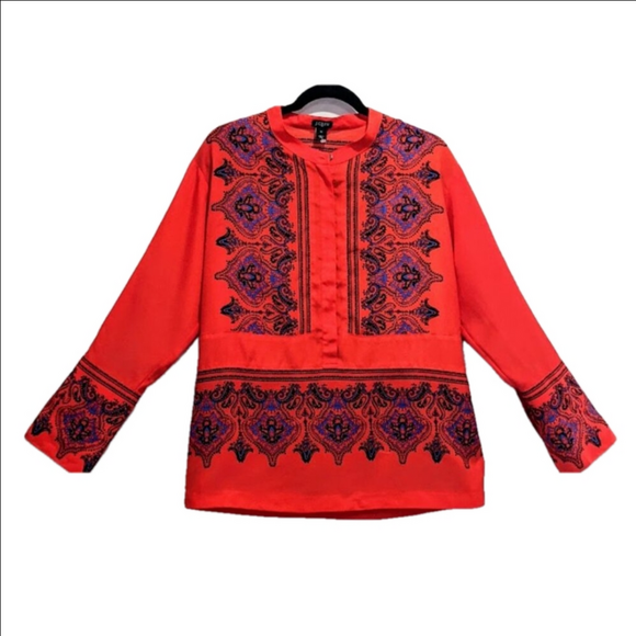 J.Crew Women's Red Paisley Tunic Top Long Sleeve 1/2 Button Front | Size M - Picture 3 of 7